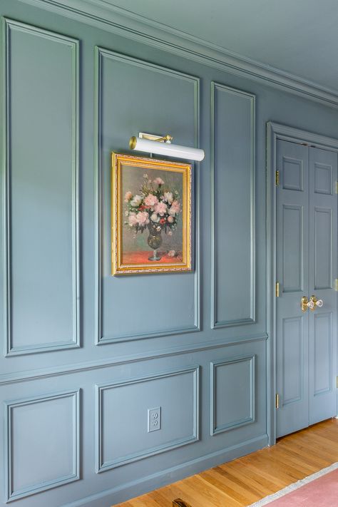 Holly Pictures, Light Blue Walls, Dining Room Blue, Wall Molding, New Traditional, Beautiful Chandelier, Blue Rooms, Higher Design, Hudson Valley Lighting