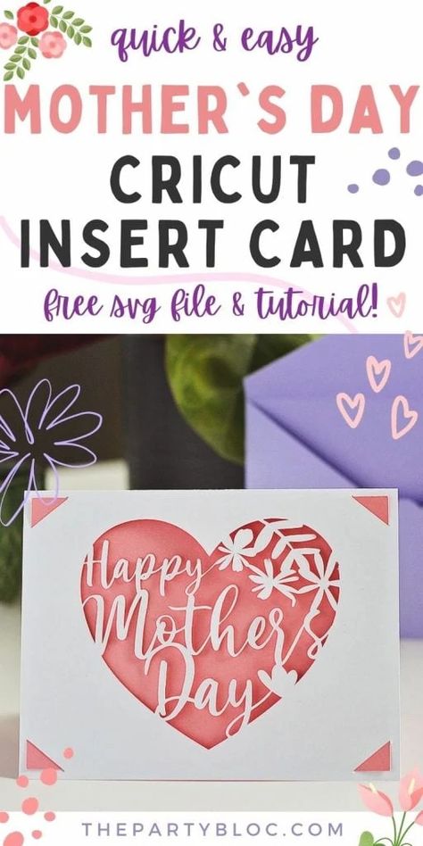 quick and easy Mother's Day Cricut Insert card. The card has a cutout heart and says "Happy Mother's Day" inside Free Mothers Day Cards, Cricut Birthday Cards, Cricut Projects Easy, Mothersday Cards, Mother's Day Projects, Diy Mother's Day, Projets Cricut, Happy Mother's Day Card, Cricut Projects Beginner