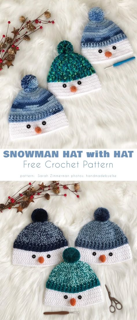 Snowman Hat Free Crochet Patterns - Your Crochet Crochet Snowman Hat, Snowman Hat Pattern, Crochet Character Hats, Crochet Christmas Hats, Christmas Crochet Patterns Free, Crochet Baby Hat Patterns, Easy Crochet Hat, Crochet Snowman, Snowman Hat