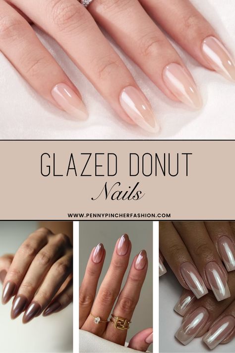 25 Ideas for Glazed Donut Nails - Penny Pincher Fashion Glazed Doughnut Toenails, Black Donut Glaze Nails, Glazed Donut Cat Eye Nails, Beige Pearl Nails, Dnd Glazed Donut Nails, Glazed Donut White Nails, Gel Nail Glazed Donut, Nude Gel X Nails Almond, Chocolate Doughnut Glaze Nails