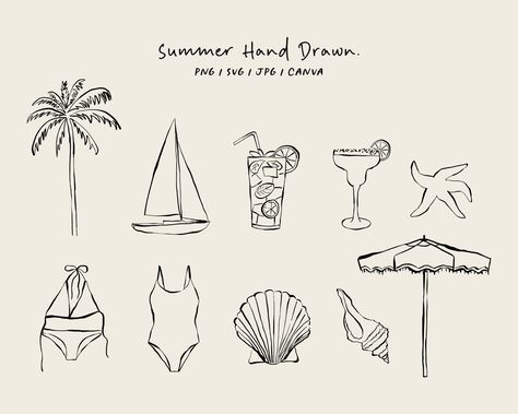 Fishing Design Illustration, Beach Drawing Easy, Shirt Svg Designs, Summer Branding, Summer Doodles, Aesthetic Svg, Summer Illustrations, Summer Elements, Hand Drawn Elements