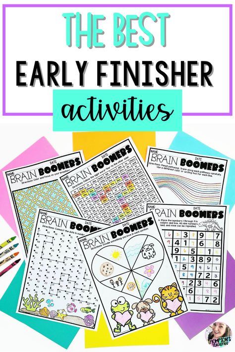 Do you have a lot of early finishers in your elementary classroom? Are you looking for new early finisher activities. In this post, I share ideas for early finishers that are fun and engaging for all students. I share brain boomers which are my signature early finisher activities for kids. Your fast finishers will be able to do a variety of early finisher activities like puzzles, mazes, comic making, math activities, drawing, pencil tracing, challenges, mindful coloring. Early Finishers Art Elementary, Im All Done Activities, 3rd Grade Early Finishers, Fun Busy Work For Students, Extension Activities Early Finishers, Early Finisher First Grade, Extra Time Activities Classroom, Third Grade Early Finisher Activities, Quiet Time Activities For Elementary