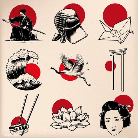 Japanese tradition style vectors | premium image by rawpixel.com Premium Illustration, Japanese Tattoo Women, Tattoo Placements, Borneo Tattoo, Japanese Tattoo Symbols, Yakuza Tattoo, Japan Illustration, Theme Tattoo, Desain Editorial