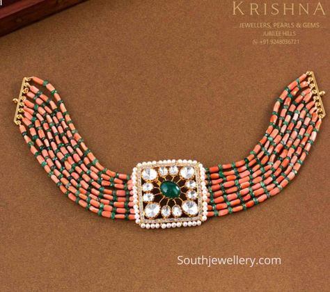 Coral beads and emerald choker with polki pendant photo Coral Beads Jewellery Indian, Beads Jewellery Indian, Coral Beads Jewellery, Polki Pendant, Emerald Choker, Coral Jewelry Set, Temple Jewelry Necklace, Choker Designs, Gold Jewelry Simple Necklace