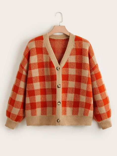 Plus Buffalo Plaid Pattern Drop Shoulder Cardigan | SHEIN USA Gingham Cardigan, Plus Size Knitwear, Shoulder Cardigan, Cardigan Plus Size, Drop Shoulder Cardigan, Buffalo Plaid Pattern, Fall Plus Size, Plus Size Cardigans, Character Outfits