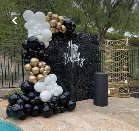 49th Birthday Decoration Ideas, Sweet 16 All Black Party, Decoration For Men Birthday Party, Black Shimmer Wall With Balloons, Men Decoration Party, Bad And Boujee Party Theme, 50 Th Birthday Party Ideas For Men Decoration, Black Gold White Backdrop, Black And Gold Party Decorations For Men Birthday