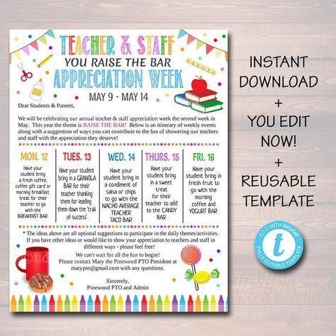 Editable Raise the Bar Theme Teacher Appreciation Staff Invitation Newsletter, Printable Week of Events, Take Home Flyer, INSTANT DOWNLOAD Teacher Appreciation Bar Theme, Bar None Teacher Appreciation, Raise The Bar Teacher Appreciation, Teacher Appreciation Bars, Snack Cart, Teachers Week, Pta Ideas, Staff Appreciation Week, Dear Students