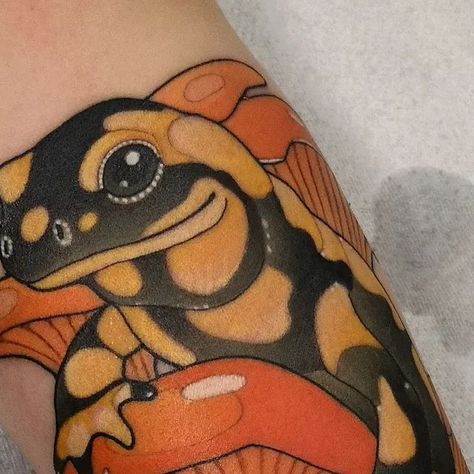 Fire Salamander Tattoo, Spotted Salamander Tattoo, Salamander Tattoo, Fire Salamander, Illustrative Tattoo, Lizard Tattoo, Mushroom Tattoos, Neo Traditional, First Tattoo