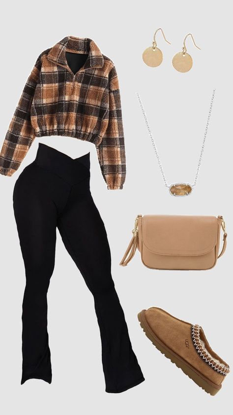 Christmas Outfit Winter, Brown Jacket Outfit, Outfit College, Outfit School, Tan Purse, Black Yoga Pants, Brown Necklace, Trendy Fall Outfits, Cute Fall Outfits