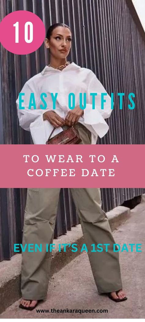 A slim woman with slicked back hair wears an oversized white button-down dress shirt with pale green cargo pants and black sandals. She carries a dark brown  handbag. Brunch First Date Outfit, Summertime Date Night Outfit, Perfect First Date Outfit, First Date Outfit Casual Summer, Cute Coffee Date Outfits, Coffee Date Outfit Aesthetic, Coffee Date Outfit Summer, Casual First Date Outfit, First Date Outfit Summer