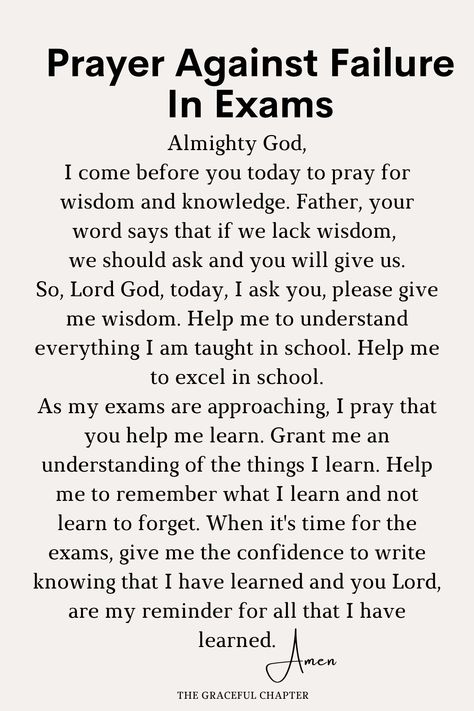 Prayer against failure in exams Final Exam Prayer Student, Prayer For Finals Week, Prayers For Success In Exams, Bible Verse For Failure, Prayer Before Studying For Exam, Prayer For Final Exams, Prayer To Pass An Exam, Prayer For Passing An Exam, Prayer For Academic Success