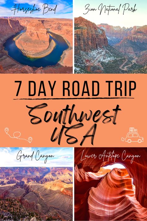 Fly into Las Vegas and take an epic 7 day Southwest road trip loop through national parks and the beautiful Southwest USA. Extend it to a 9 day Vegas road trip with another weekend, but still only 5 vacation days! See Zion, Bryce, and the Grand Canyon as well as Horseshoe Bend, Antelope Canyon, and Valley of Fire. Steal this southwest road trip itinerary and have a blast! Grand Canyon Vacation Itinerary, Las Vegas To Grand Canyon Road Trip, Vegas To Grand Canyon Road Trip, Utah Road Trip National Parks, Out West Road Trip, Vegas Road Trip, Grand Canyon Itinerary, Grand Canyon Road Trip, April Vacation