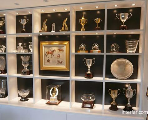 Awards Display Wall, Trophy Display Ideas, Award Shelves, Trophy Display Shelves, Trophy Cabinets, Diy Trophy, Trophy Display Case, Trophy Wall, Custom Wall Unit