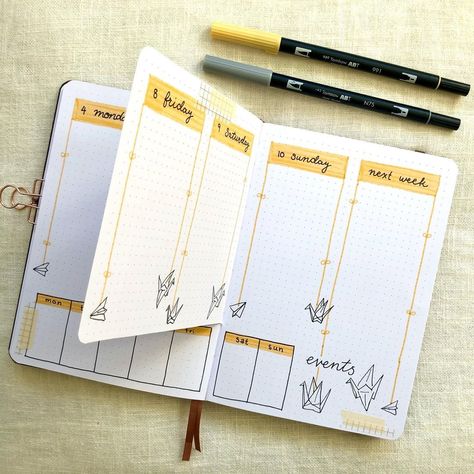 Dutch Door Bujo Spreads, Bullet Journal Weekly Spread One Page, Weekly Journal Spread, Bullet Journal Ideas Weekly Layout, Bujo Dutch Door Ideas, Horizontal Planner Layout Ideas, Bullet Journal Dutch Door Ideas, Bujo Dutch Door, Bullet Journal Spending Tracker