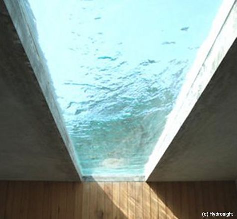 Submerged Skylight Windows. Installed on pool floors, underwater windows can transfer sunlight to the space underneath. This feature is especially popular with reflecting pools (shallow pools of water – not for swimming). Underwater Window, Mermaid Book, Interaktives Design, Detail Arsitektur, Pool Fitness, Casa Country, Reflecting Pool, Living Modern, Pool Design