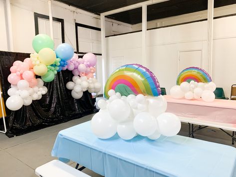 #rainbow #rainbowparty #rainbowbirthdayparty #pastel #tabeltoppers #centerpiece #tabledecor #clouds Pastel Rainbow Table Decorations, Pastel Rainbow Centerpiece Ideas, Rainbow Centerpiece Ideas, Rainbow Centerpiece, First Birthday Centerpieces, Balloon Table Centerpieces, Rainbow Table, Party Table Centerpieces, Adoption Party