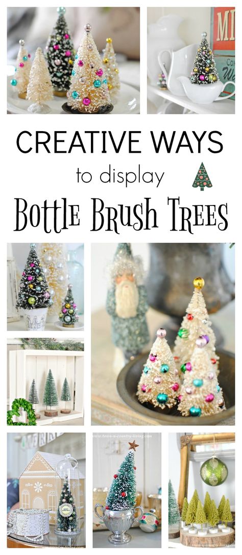 Creative Ways to Display Bottle Brush Trees Bottle Brush Trees Display, Bottle Trees, Bottle Brush Christmas Trees, Tree Centerpieces, Christmas Village Display, Brush Trees, Village Display, Christmas Tree Crafts, Miniature Christmas Trees