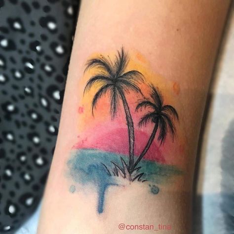 Beach Tattoo Watercolor, Watercolor Sunrise Tattoo, Cabo Tattoo Ideas, Watercolor Palm Tree Tattoo, Beach Tattoo Ideas For Women, Island Tattoos For Women, Beach Tats, Beachy Tattoos For Women, Coastal Tattoos