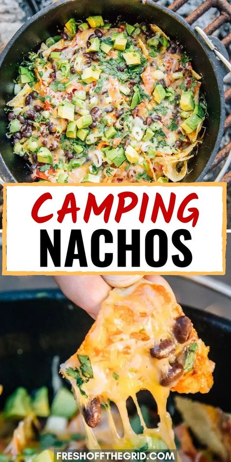 Campfire Nachos, Vegan Camping Food, Dutch Oven Camping Recipes, Simple Camping, Camping Meal, Camping Dishes, Dutch Oven Camping, Camping Snacks, Camping Dinners