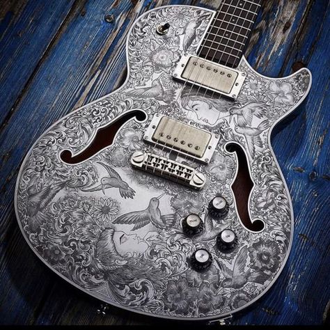 A very unique guitar and the only one ever built Hand built by the legendary luthier Dave King and hand engraved by Greg Goodwillie This Guitar fea... Resonator Guitar, Guitar Tattoo, Guitar Tuners, Hobbies For Men, Unique Guitars, Cool Electric Guitars, Gibson Guitars, Beautiful Guitars, Guitar Building