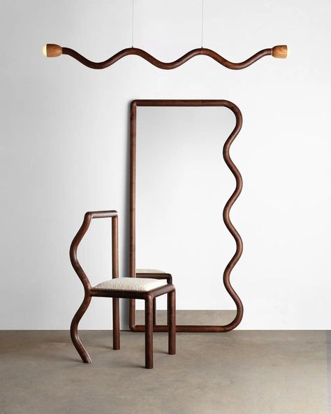 Squiggle Pendant Light in Walnut and Red Oak by Christopher A. Miano For Sale at 1stDibs Squiggle Mirror, Modern Floor Mirrors, Chair Parts, American Black Walnut, Modern Side Table, Vintage Chandelier, Side Chairs Dining, Red Oak, Shop Chair