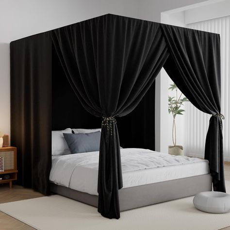 PRICES MAY VARY. 【Lightproof Bed Curtains】Our canopy bed curtains block out strong sunlight and helps protect your from bright lights,provide you with a completely dark and quality sleeping space.For those who are sensitive to light and like to take naps,you can enjoy a dark and cosy sleep even on sunny days. 【Breathable】Black canopy bed burtains are made of 100% Premium Polyester,which is breathable and soft to the touch.Even in hot summer ,you won't feel stuffy when the bed curtains are closed Black Canopy Bed Curtains, Black Canopy Bed, Adult Bedroom Decor, Princess Canopy Bed, Princess Canopy, Post Bed, Canopy Bed Curtains, Canopy Curtains, Adult Bedroom