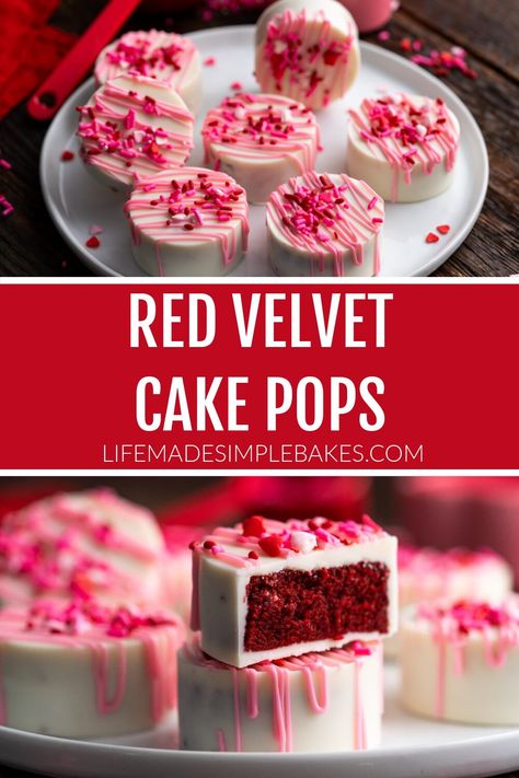 Classic red velvet cake coated in a decadent outer shell creates the perfect Red Velvet Cake Pops for any holiday or event! Red Velvet Cakepop Recipes, Push Up Cake Pops Ideas, Cake Pucks Ideas, Pop Cakes Recipe, Christmas Cake Pucks, Flat Cake Pops, Honeybee Cookies, Cake Puck Ideas, Easy Christmas Cake Pops