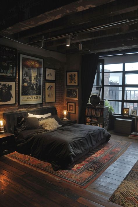 Mens Bedroom Decor Modern, Married Couple Bedroom Aesthetic, Wall Decor Aesthetic Ideas, Dark Luxe Bedroom, Modern And Contemporary Bedroom, Guys Room Inspiration, Bedroom Cozy Minimalist, Bachelor Pad Bedroom Masculine Interior, Step Up Bedroom Design