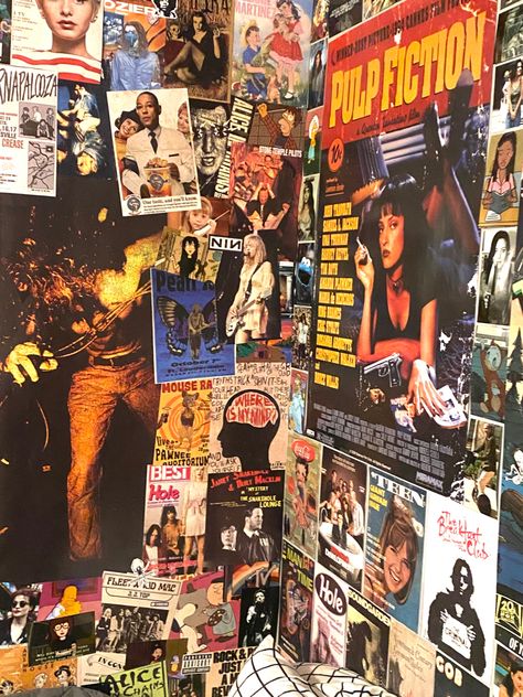 Room Ideas Band Posters, Pop Punk Room Aesthetic, 70s Punk Bedroom, Rock Band Posters On Wall Bedroom, 90s Room Posters, Messy Poster Wall, 80s Metal Bedroom, Poster Covered Room, Room Covered In Posters