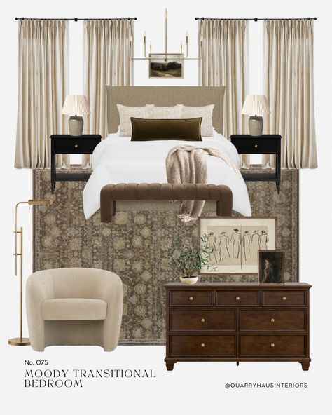 Neutral Bedroom Decor With Black Accents, Dark Wood Dresser Bedroom Ideas, Bedroom Inspirations Master Transitional, Dark Nightstand Bedroom, Moody Transitional Bedroom, Moody Transitional, Mountain Modern Living Room, Moody Bedroom Design, Dark Moody Bedroom