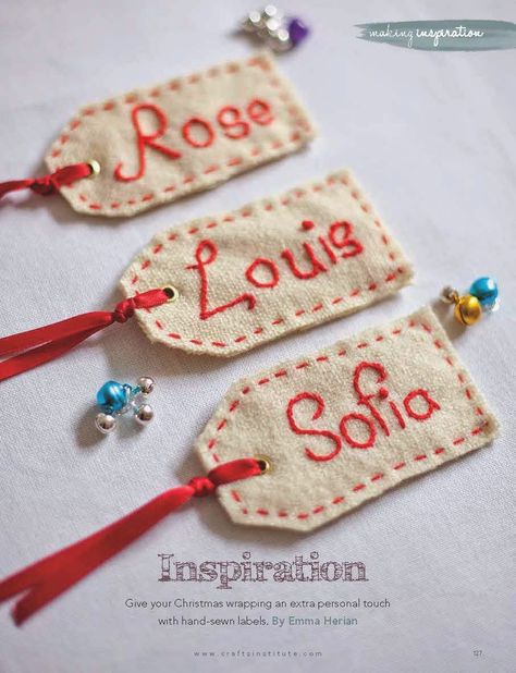 Christmas Stocking Name Tags Embroidered, Hand Embroidered Name Tags, Felt Name Tag, Creative Name Tags Ideas, Embroidered Stocking Tags, Embroidered Name Tags, Embroidery Name Tag, Handmade Gift Tags Christmas, Christmas Name Tags Diy