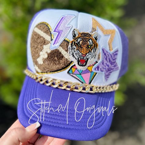 Fall in love with this Custom Trucker Cap! Comes as shown with 6 patches and the gold Trucker Chain.  Cap is a high quality Dalix Cap with adjustable snapback!  Purchase the patches separately or in this listing as a Set of 6 without the hat.  Stand out in this beauty! Football Trucker Hat With Patches, Football Trucker Hat Ideas, Trucker Hats With Patches, Trucker Hat Ideas, Preppy Football, Trucker Hat Designs, Trendy Trucker Hats, Customized Hats, Purple Football