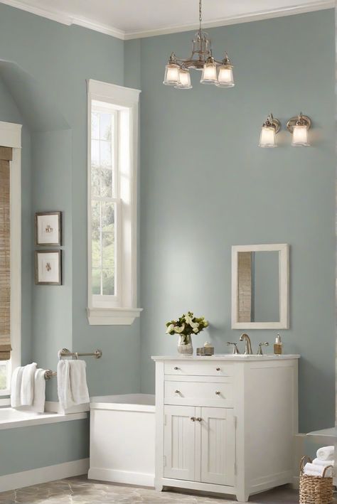 Bathroom Dye Ideas, Serene Bathroom Colors, Blue Paint For Bathroom Walls, Bathroom Wall Colors With White Cabinets, Small Half Bath Paint Colors, Best Paint Colors For Bathroom Walls, Pale Blue Bathroom Walls, English Cottage Paint Colors Sherwin Williams, Salty Dog Coordinating Colors