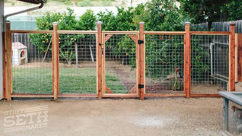 redwood-fence-welded-wire-mesh-hogwire-cattle-fencing-stuff-seth-makes Hog Panel Fencing, Cattle Fencing, Wire Fence Panels, Hog Wire Fence, Redwood Fence, Welded Wire Fence, Wire Mesh Fence, Deer Fence, Dog Yard