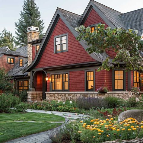 101+ Exterior House Colors Combinations & Best Paint Color Ideas • 333k+ Inspiring Lifestyle Ideas & Images Best Color For House Exterior, Maroon And Black House Exterior, Red House With Black Trim, Exterior Paint Colors For Farmhouse, Dark Red House Exterior Paint, Red Ranch House Exterior, Brown Painted Houses Exterior, Exterior Red House Colors, French Country House Colors