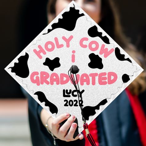 Looking for a unique graduation cap topper on the big day? Check out our design for Personalized Holy Cow I Graduated Printed Grad Cap Topper. It's the perfect choice for you. Or it could be a special gift for your loved one who prepares for the graduation ceremony. This graduation cap topper is digitally hand-drawn (NOT PAINTED), whether you're in a time crunch, or you want something easy and affordable for your special day! It's easy to apply to your graduation cap up to minutes before graduat Cow Print Cap And Gown, Holy Cow I Graduated Cap, Boy Cap Decoration Graduation, College Grad Hats Cap Decorations, Morgan Wallen Grad Cap, Esthetics Graduation Cap, Western Cap Decoration Graduation, Cow Print Graduation Cap, Easy Cap Decorations Graduation