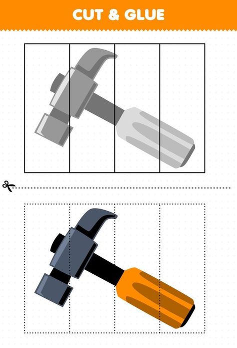 Education game for children cut and glue with cute cartoon hammer picture printable tool worksheet Tool Crafts For Kids, Cartoon Hammer, Construction Theme Preschool, Hammer Picture, Construction Activity, Tools Theme, Cut And Glue, Preschool Activities Toddler, Game For Children