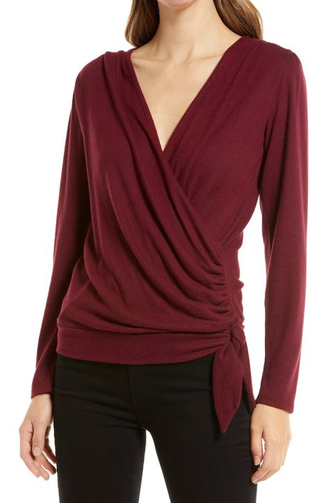 Loveappella Long Sleeve Faux Wrap Top available at #Nordstrom Womens Wrap Shirt, Tie Wrap Top, Wrap Around Top, Best Wraps, Faux Wrap Top, Women Blouses Fashion, Tie Wrap, Wrap Shirt, Knit Wrap