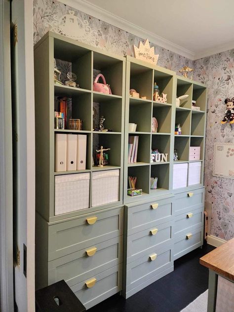 Ikea tips, hacks and more! | My daughters new craft room Craft Room Storage Ikea, Billy Kallax Hack, Ikea Billy Bookcase Craft Room Organization, Ikea Kallax Ideas Craft Room, Ikea Kallax Wardrobe Hack, Ikea Craft Rooms, Ikea Brimnes Bookcase Hack, Kallax Craft Storage, Kallax Craft Room