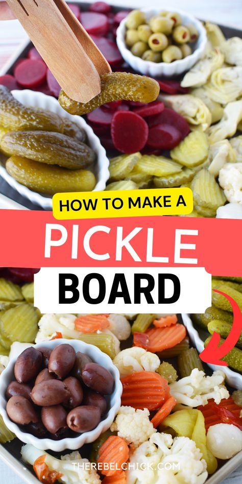 How to make a Pickle Charcuterie Board Charcuterie Board Pickled Vegetables, Pickle Plate Ideas, Pickles Olives Cheese Tray, Pickle And Cheese Tray, Cheese And Pickle Tray, Dill Pickle Charcuterie Board, Pickled Charcuterie Board, Pickle Tray Ideas Parties, Pickle Platter Ideas