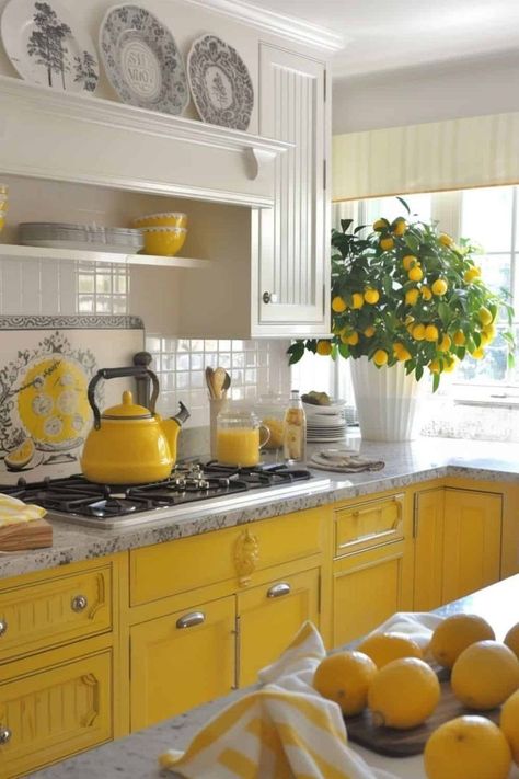 Yellow Aesthetic Kitchen, Yellow Kitchen Inspiration, Yellow And Green Color Palette, Lemon Themed Kitchen, Yellow Country Kitchens, Lemon Home Decor, Colored Kitchen, Kitchen Yellow, Lemon Color