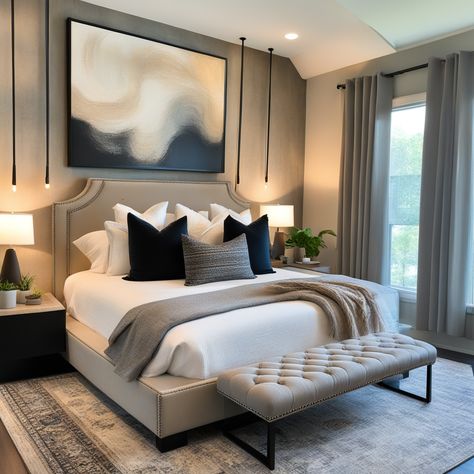 Cozy bedroom vibes! 👌 Beige bed & bench set, cool bedside lamps, and big window with stylish grey drapes. Love the abstract art! 🖼️ Comfy rug, chic round ottoman, and green plant for a touch of nature. 🌿 Perfect blend of comfort & style! 💡🛏️🌱 #BedroomGoals #HomeDecor #odastudioAI #odaAIstudio #odastudio  #bedroomdecor #bedroomideas #bedroomdesign #bedroomstyle #masterbedroom #cozybedroom #modernbedroom #bedroomfurniture #bedroominspiration #luxurybedroom Room Decor Ideas Masterbedroom, Modern Classic Master Room, Bedroom Ideas Grey And Beige, Cozy Room Wall Decor, Bedroom Ideas With Big Windows, Neutral With Pop Of Color Bedroom, Bedroom Ideas Colour, Bedroom Ottoman Ideas, Gray Bedframe Room Ideas Cozy