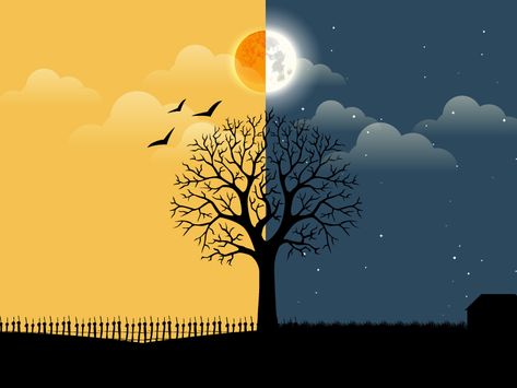 Day and Night by Nukul Day And Night Illustration Art, Light And Darkness Illustration, Light In The Darkness Painting, Light And Dark Illustration, Day Vs Night Art, Night Vs Day Art, Day To Night Illustration, Night And Day Illustration, Day Night Illustration