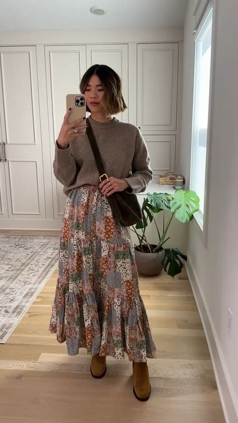 Ribbed Crew Sweater curated on LTK Meadow Aesthetic Outfit, Lucy Hutton Outfits The Hating Game, Modest Mom Outfits Casual, Women’s Modest Fashion, Dressy Teacher Outfits Winter, Tall Mom Outfits, Mid Size Engagement Outfits, Sweater Over Sundress, How To Style Sweater With Skirt