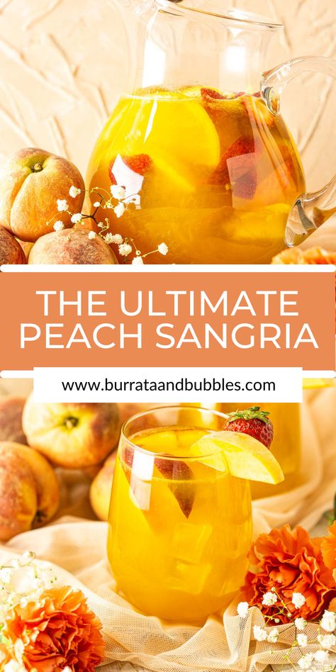 For the ultimate summer cocktail, you need to make a batch of this homemade peach sangria! Made with crisp pinot grigio, sweet peach liqueur and plenty of fresh fruit, this refreshing peach sangria is the perfect thirst quencher for those warm nights on the patio. You can whip up this drink in just a few minutes, and it's perfect for entertaining a crowd. Peach Sangria Recipes Easy, Peach Sangria Moscato, Best Peach Sangria Recipe, Brunch Sangria, Pinot Grigio Sangria, Peach Sangria Recipe, Peach Sangria Recipes, Citrus Sangria, Fruity Cocktail