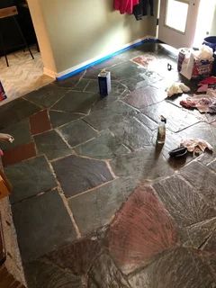 Painting Slate Tile Floors, Cleaning Slate Floors, Slate Tile Floor Kitchen, Slate Bathroom Floor, Slate Floor Kitchen, Black Slate Floor, Diy Grout, Black Slate Tiles, Slate Rock