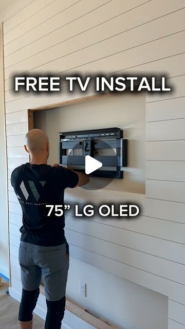 Accent Wall Designs on Instagram: "Need a TV hung?  Book an accent wall with us and we will hang your TV for FREE!  The picture quality on these new @lgusa @lg_global OLEDs is insane!  Is it time to upgrade your TV wall?  DM us for a quote, AZ Only! . Using @sanussystems full motion wall mount. . #tv #tvhanging #wallmount #sanusspaces #installation #free #tvwall #lg #oled #wallhanging #mounting #easy #inspo #howto #design" Tv Set Into Wall, Tv With Shiplap Wall, Height Tv On Wall, Large Wall Around Tv Decor, Tv Hanging From Ceiling Living Room, Cheap Tv Wall Ideas, 75 Inch Tv Above Fireplace, Tv Focus Wall Ideas, 75 Inch Tv Wall Ideas Living Room