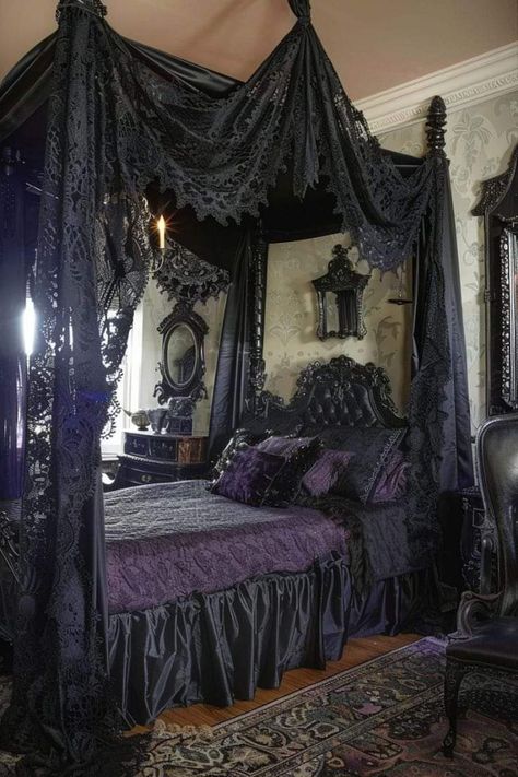 Goth Bedroom Ideas, Canopy Bed Ideas, Gothic Decor Bedroom, Goth Bedroom, Dream Bedroom Inspiration, Gothic Room, Gothic Bedroom, Dark Home Decor, Dream House Rooms