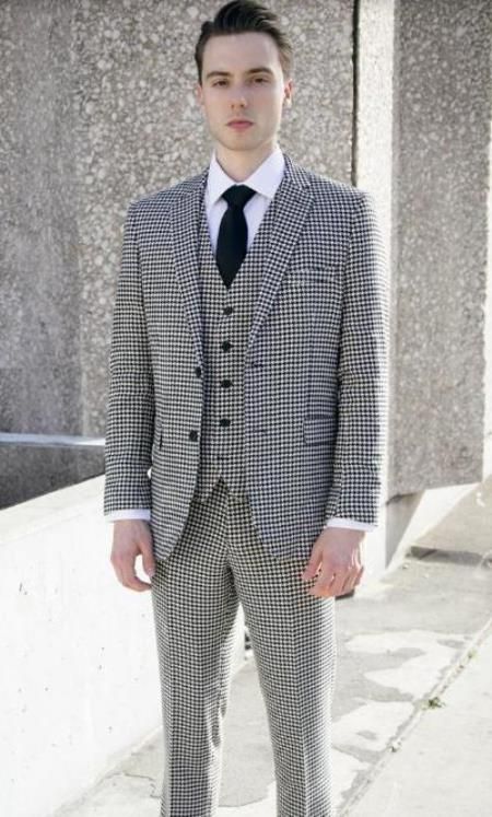 Checkered Suit Men, Houndstooth Suit, Checkered Suit, Suit Black, White Houndstooth, Men Clothing, Mens Suits, Chest Pocket, Single Breasted