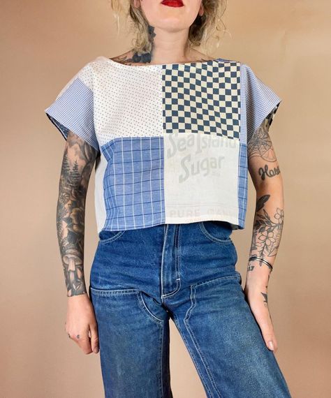 Taylor Randal on Instagram: “made from scratch - scrap shirts✨🪡 first one fits s-m second one l-xl (to note : the checkered material is navy blue not black) last week…” Checker Top, Patchwork Clothes, Feed Sacks, Painted Clothes, Made From Scratch, Checkered Shirt, Fabric Sale, From Scratch, Navy Blue